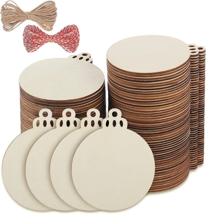 Fuyit 100Pcs 3.5 Inch Wooden Christmas Ornaments Unfinished Wood Slices with Holes, Predrilled Wood Round Circles Blank Discs for DIY Crafts Party Decorations - Image 1